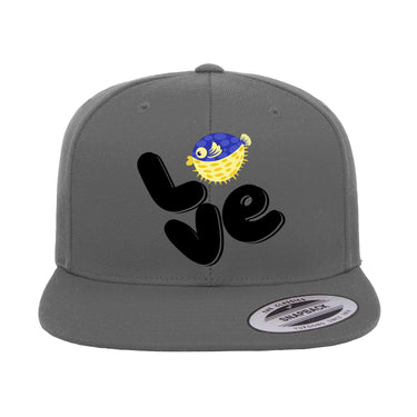 Love Fishing Blue Blowfish Globe Flat Bill Cap